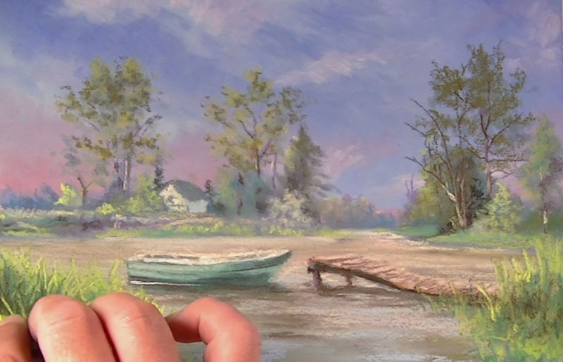 Foreground details are added with soft pastels