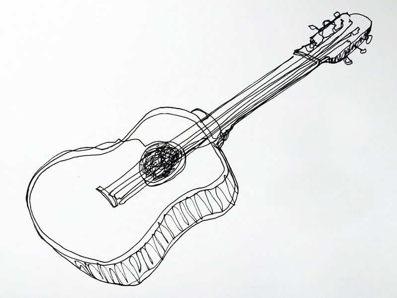 Continuous line drawing of a guitar