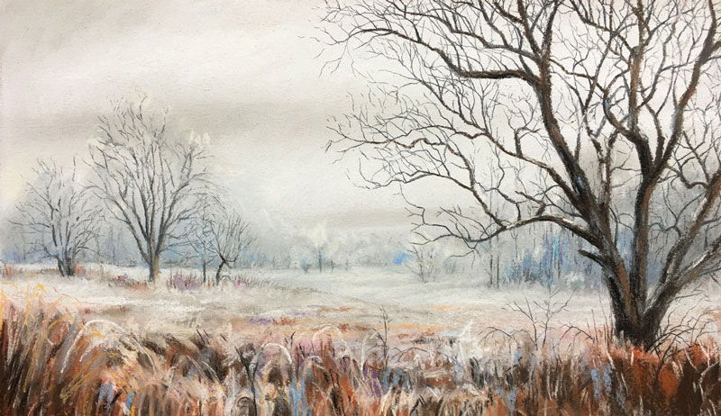 How to draw a winter landscape with pastels