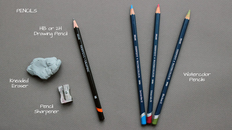 Kneaded Eraser, Pencil Sharpener, Graphite Pencil, and Watercolor Pencils