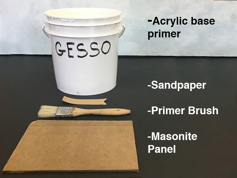 Materials for painting on panel - gesso, a brush, a wooden panel and sandpaper