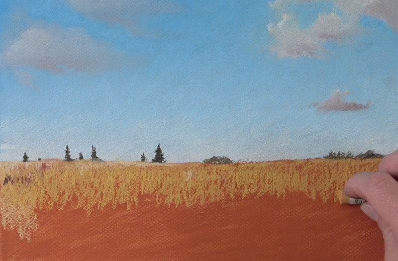 Drawing distant trees in a pastel landscape