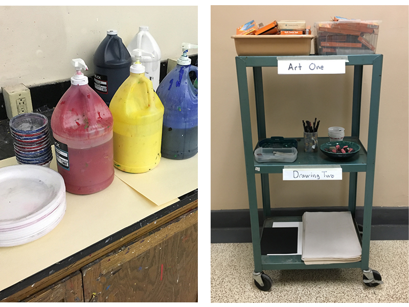 Organized art materials in a classroom