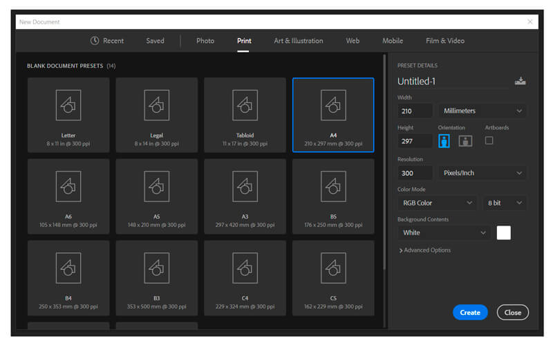 Print settings in Photoshop