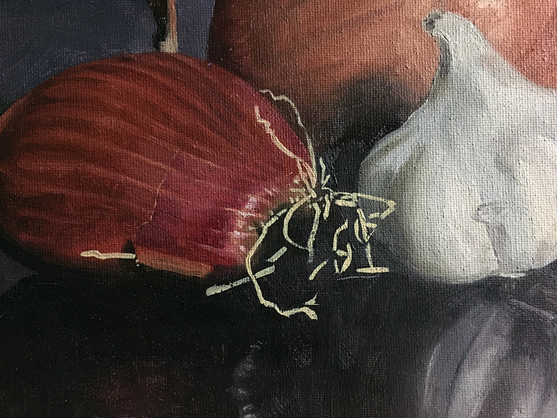 Painting onion roots in a still life painting