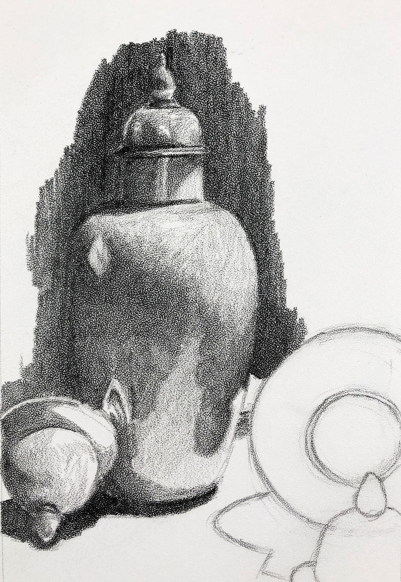 Graphite still life sketch stipple paper