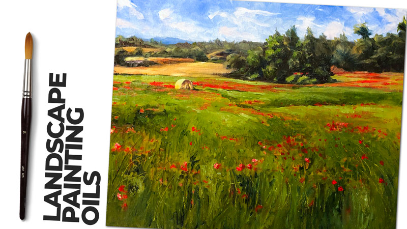 Landscape Painting with Oils - Field of Red Flowers