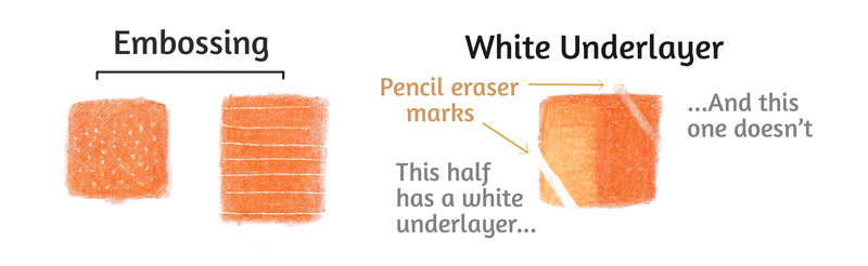 Embossing and layering white to preserve highlights in a colored pencil drawing