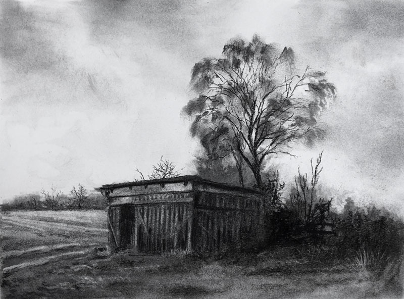 Landscape drawing with charcoal