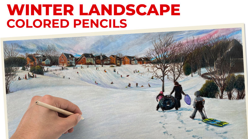 Winter Landscape Drawing with Colored Pencils