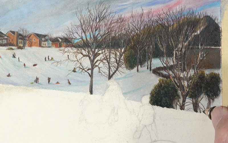Drawing trees and bushes with colored pencils in the foreground