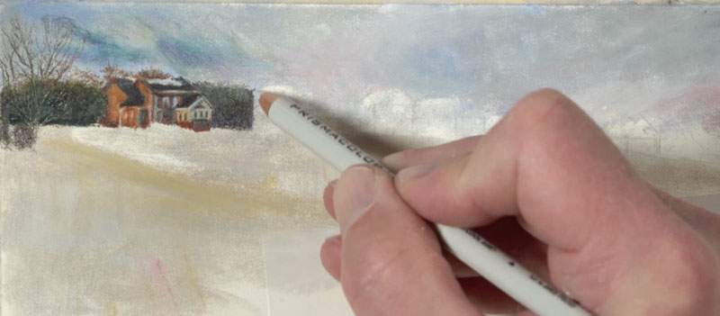 Drawing distant houses with colored pencils