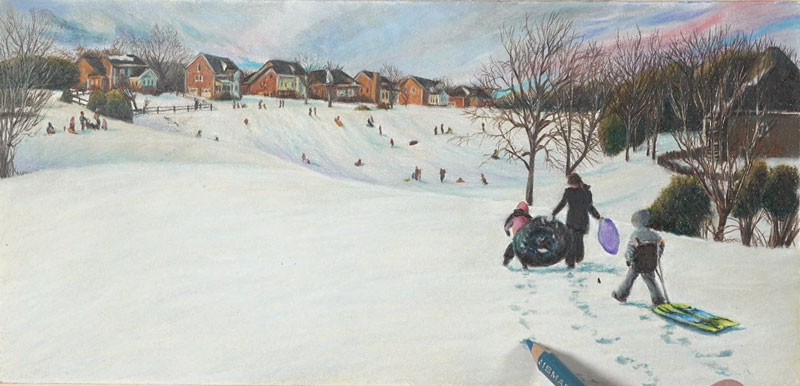 Drawing footsteps in the snow with colored pencils