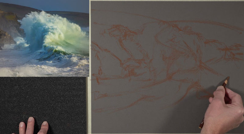 Sketching waves with a pastel pencil