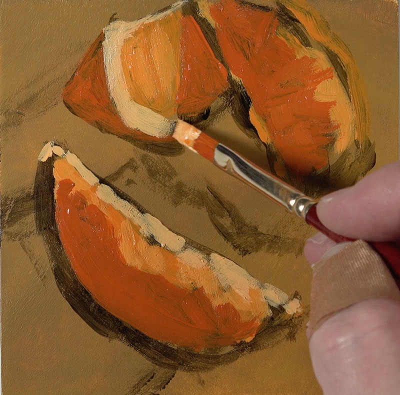 Blocking in initial colors on the oranges with acrylic paints