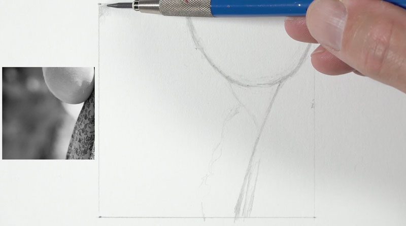 Drawing the contours or outlines of the subject with graphite pencil