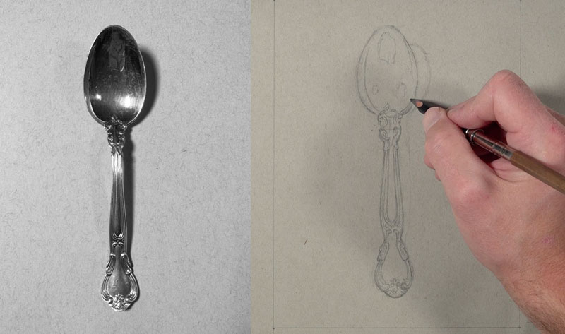 Drawing the contrasting shapes of value on the spoon