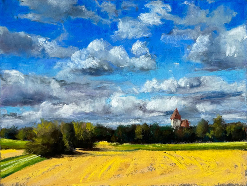 Pastel Landscape Drawing with Clouds