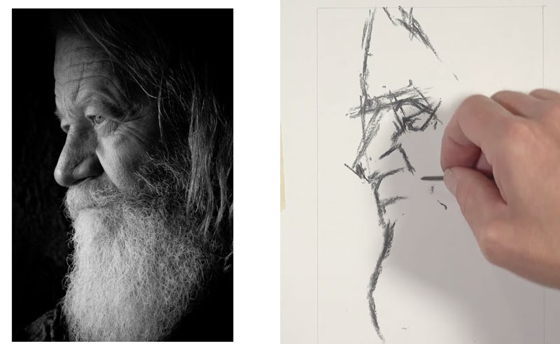 Drawing the contours of the face and head with vine charcoal