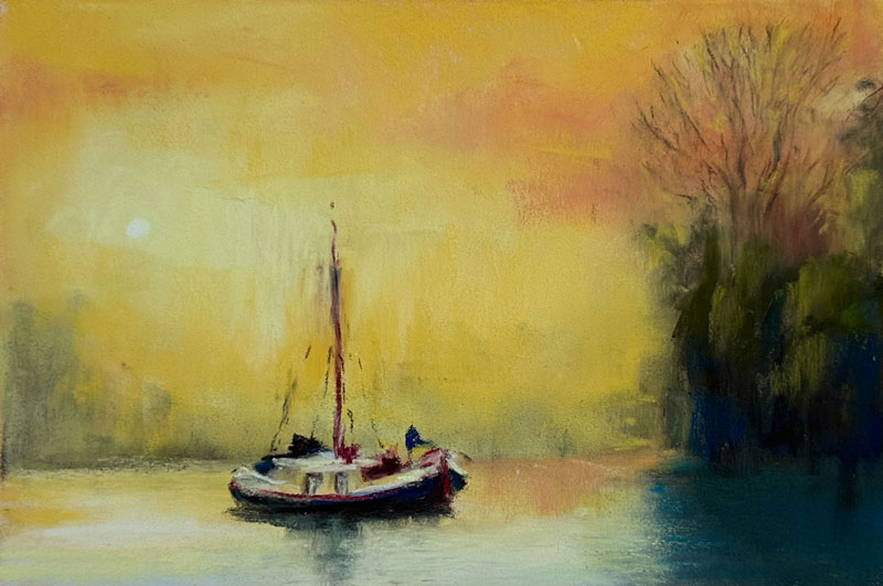 Pastel drawing of a boat on the water