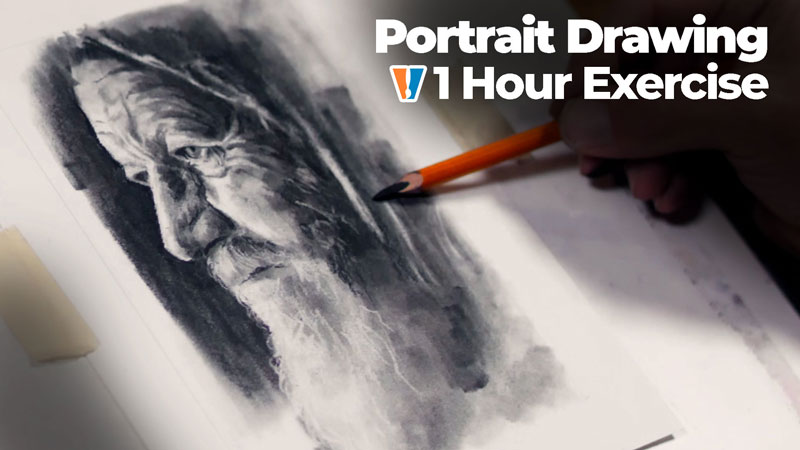 Portrait Drawing an Old Man with Charcoal