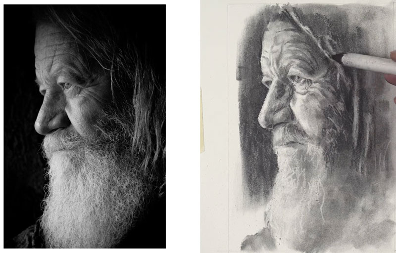 Completing the portrait drawing with charcoal