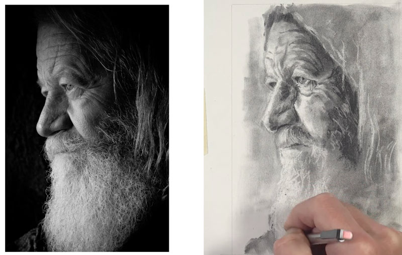 Drawing the hair with charcoal