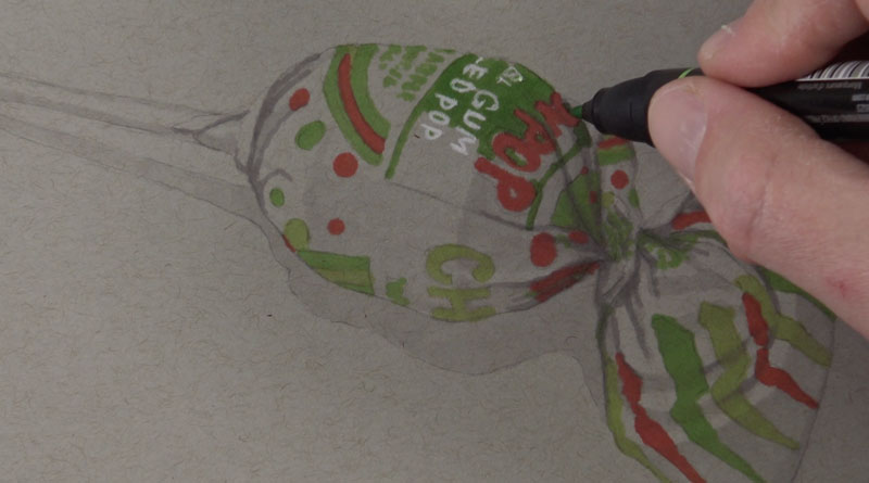 Adding details of the wrapper with colored pencils