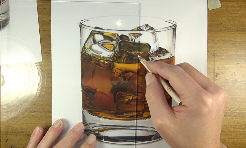 Drawing a reflection on the side of the glass with colored pencils
