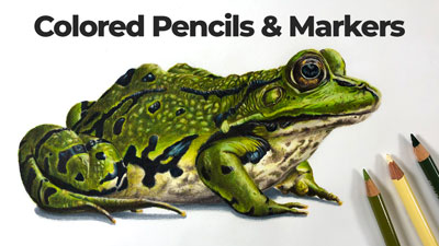 Markers and colored pencils frog