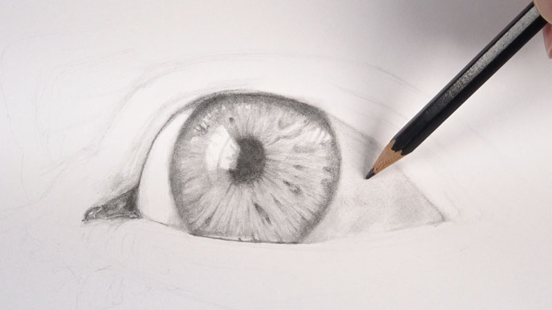 Pencil drawing of eyes - step three - Darkening the white of the eye