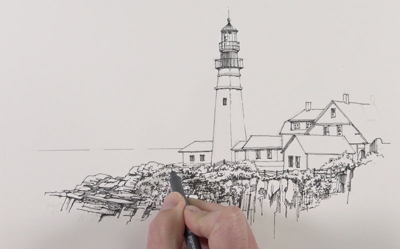 Pen and ink sketch of a lighthouse