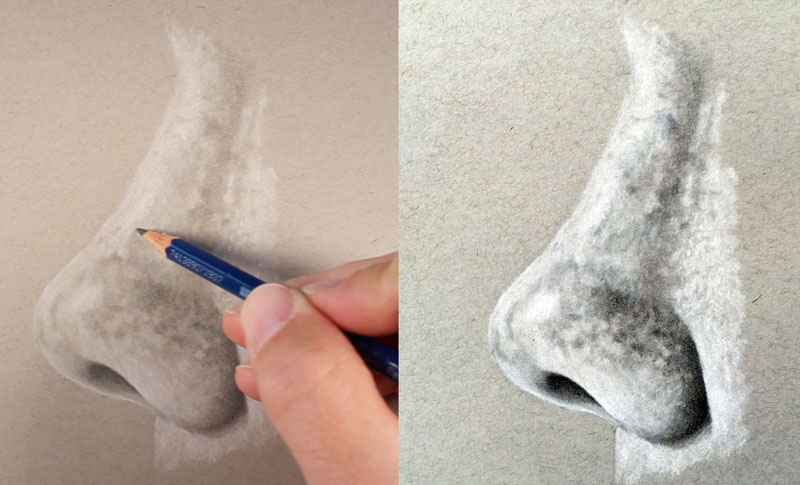 Finishing the drawing of a nose from the side view