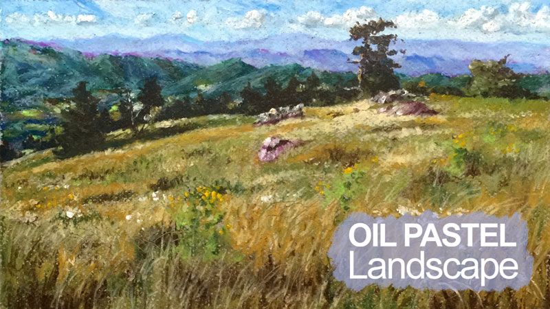 Oil pastel landscape painting of a field