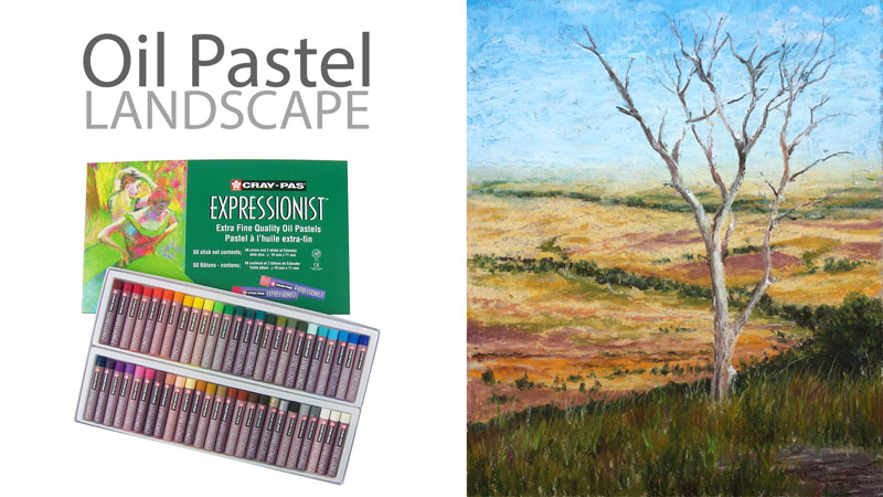 Oil pastel landscape painting of a lone tree
