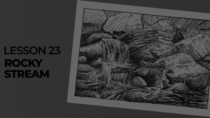 Subjects with ink - rocky stream