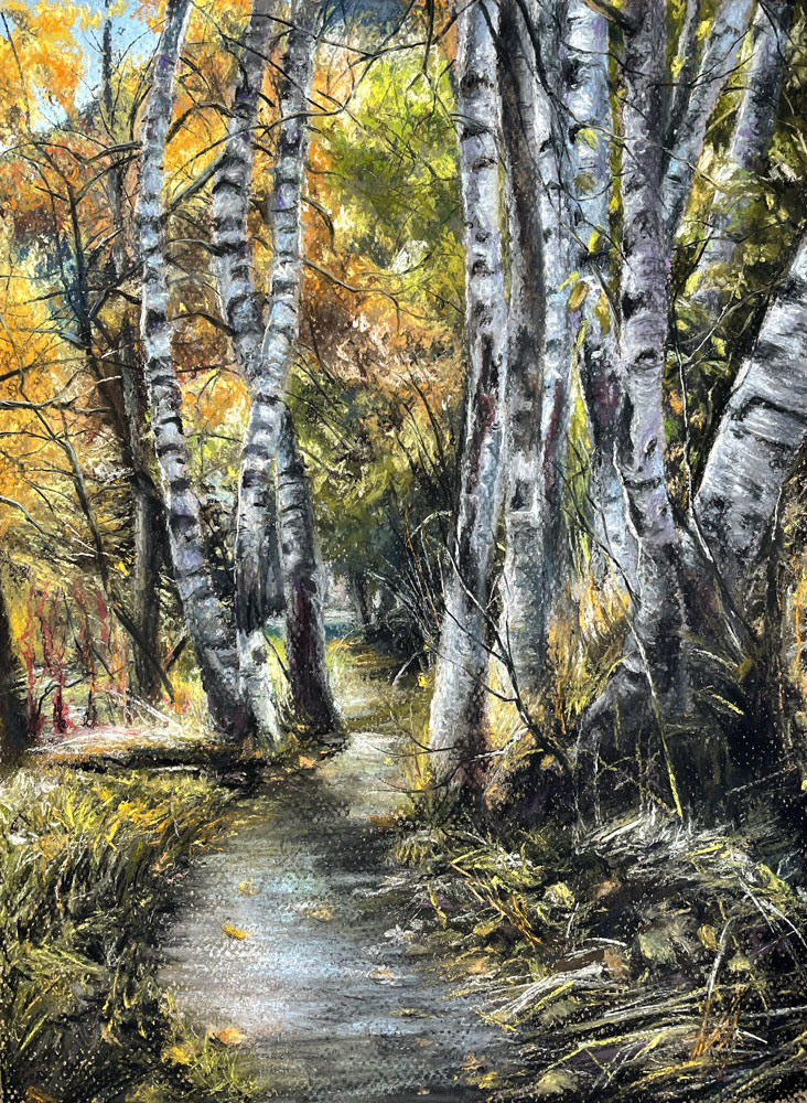 Birch tree landscape painting with pastels