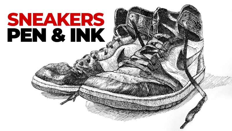 Sneakers drawing with pen and ink