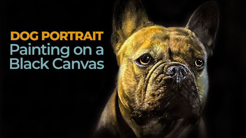 Painting of a dog French Bulldog in oils on black canvas