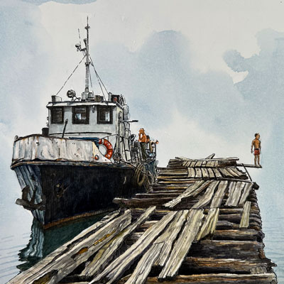 Line and Wash - Boat on Water