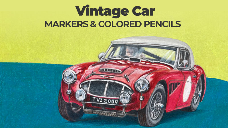 Vintage Car with Markers and Colored Pencils
